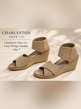 Charleston Shoe Co Linen Wedge Sandals Size 7 Cream/Tan – Excellent Condition